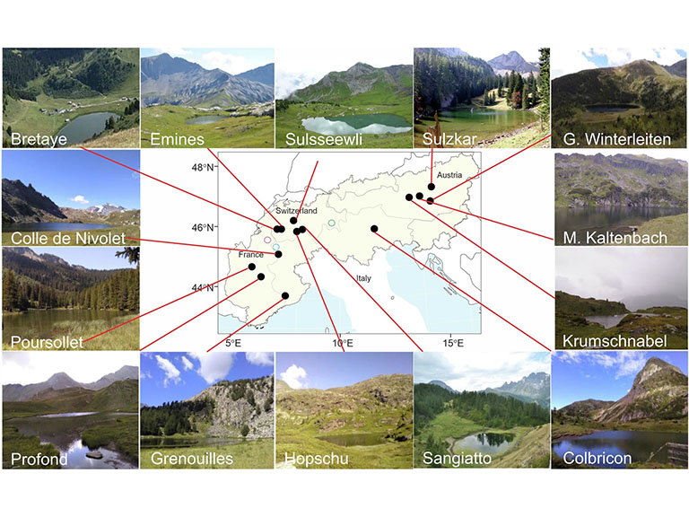 Map of the Alps with the locations of the 14 lakes