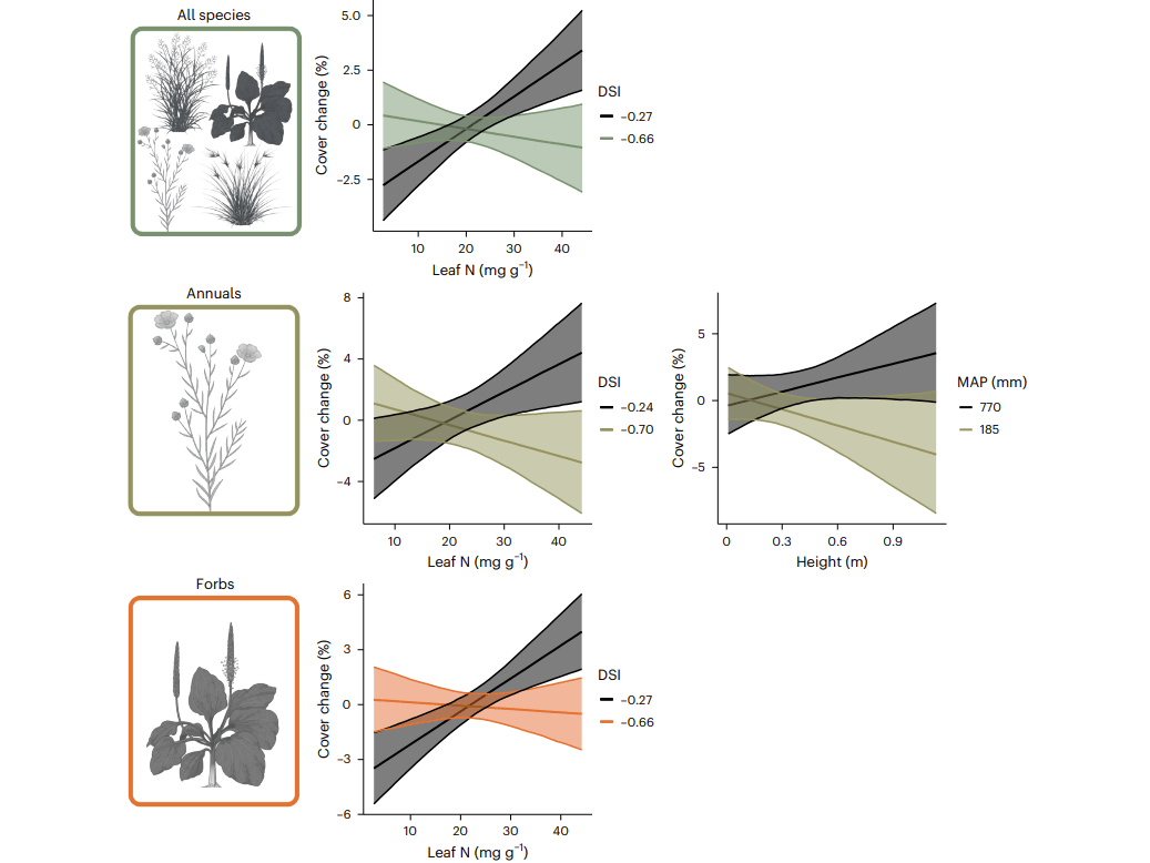 Interaction plots showing the predicted effects of significant two-way interactions between traits and the environmental variables DSI and MAP