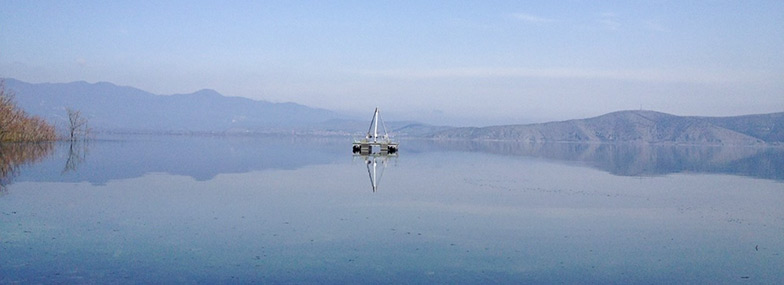 Our UWITEC coring platform on Lake Kastoria, a potential study site for a future MSc-project in Northern Greece.