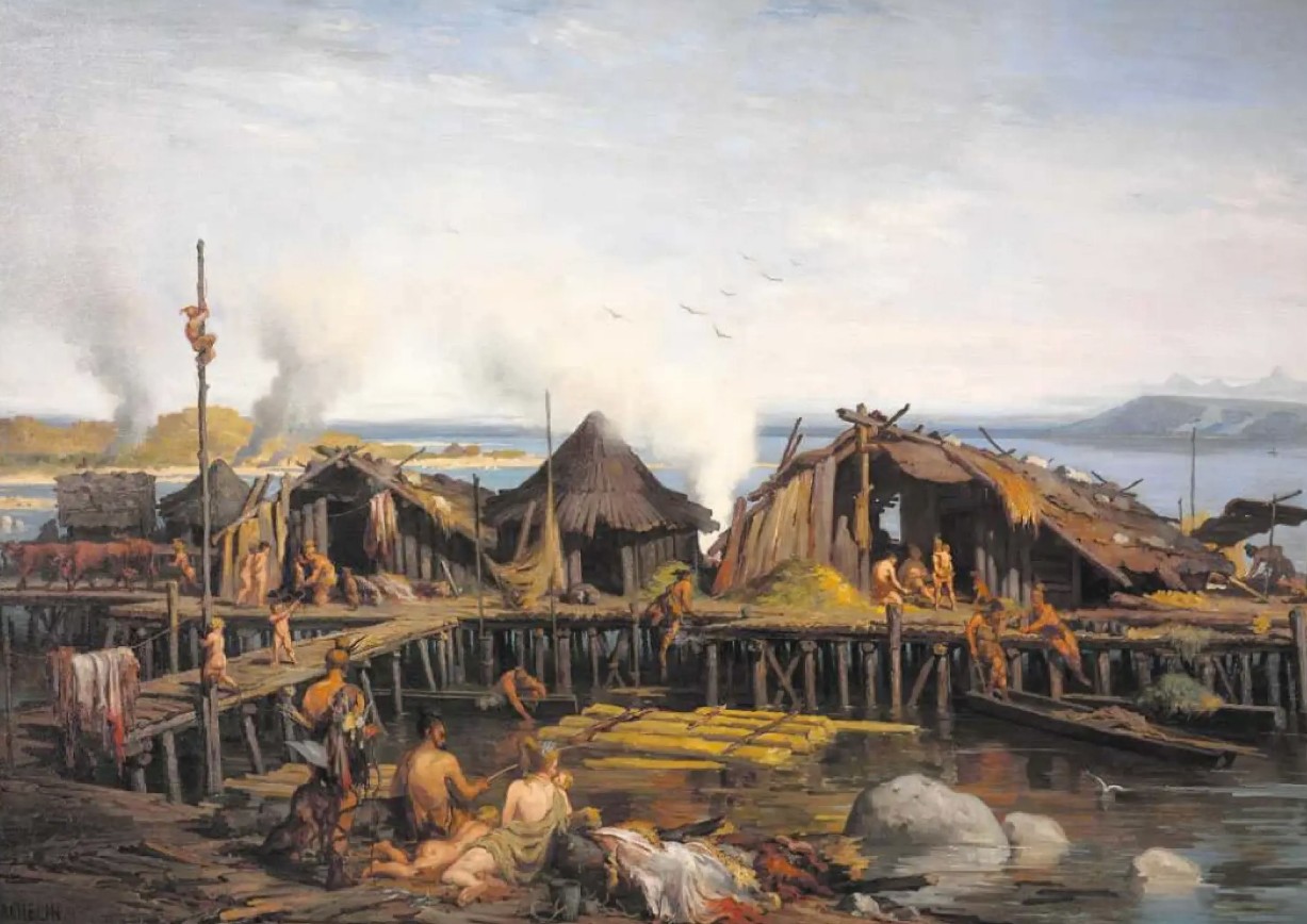 Teil des schweizerischen Grundungsmythos: Wie sich der Historienmaler Auguste Bachelin (1830-1890) das Leben auf den Pfahlbauten vorstellte.